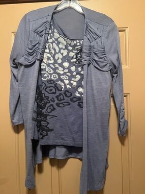 new directions Slate Blue Animal-Print Tank with Open Front Cardigan medium top
